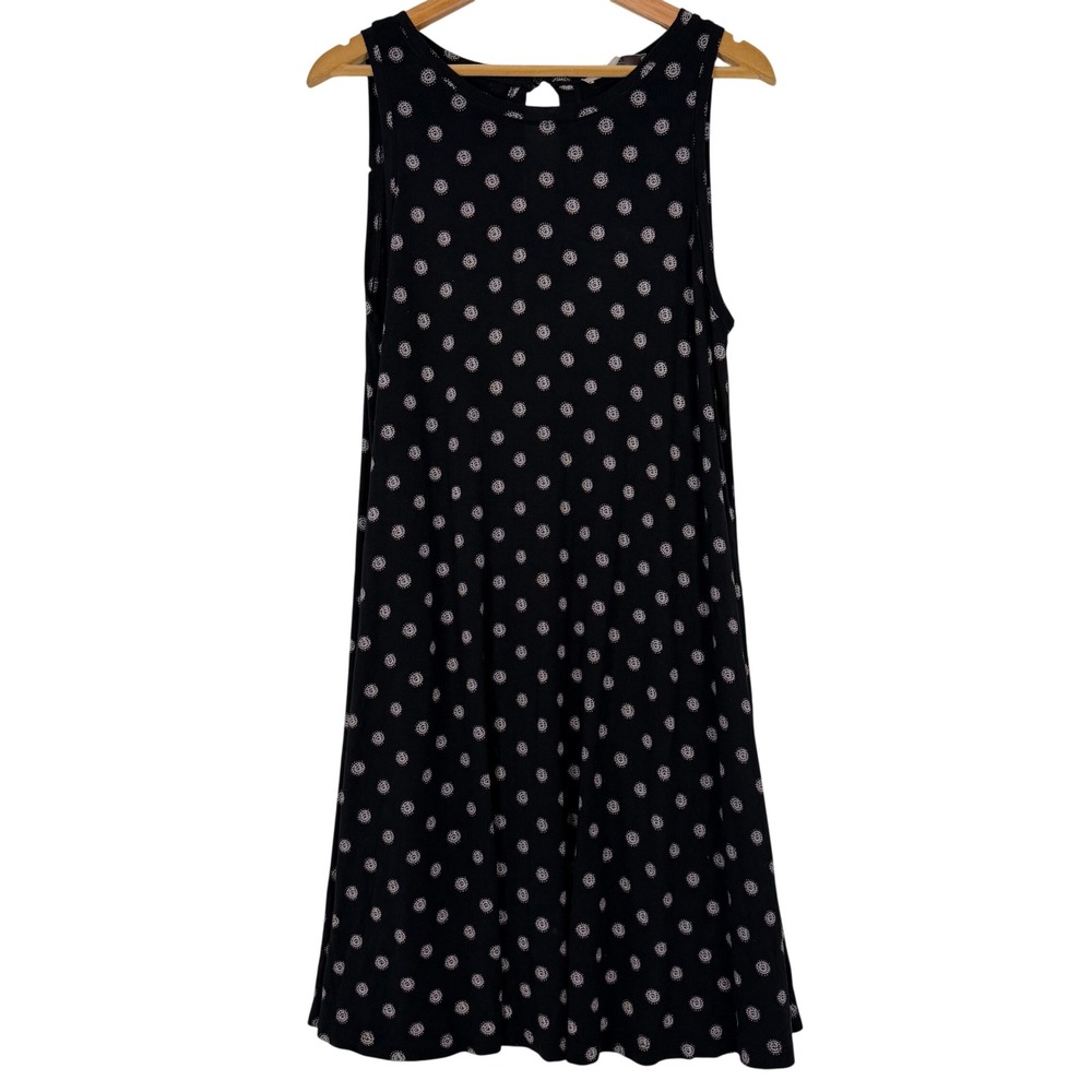 LOFT Swing Dress‎ Womens L Black Medallion Print Sleeveless Casual Knit Keyhole